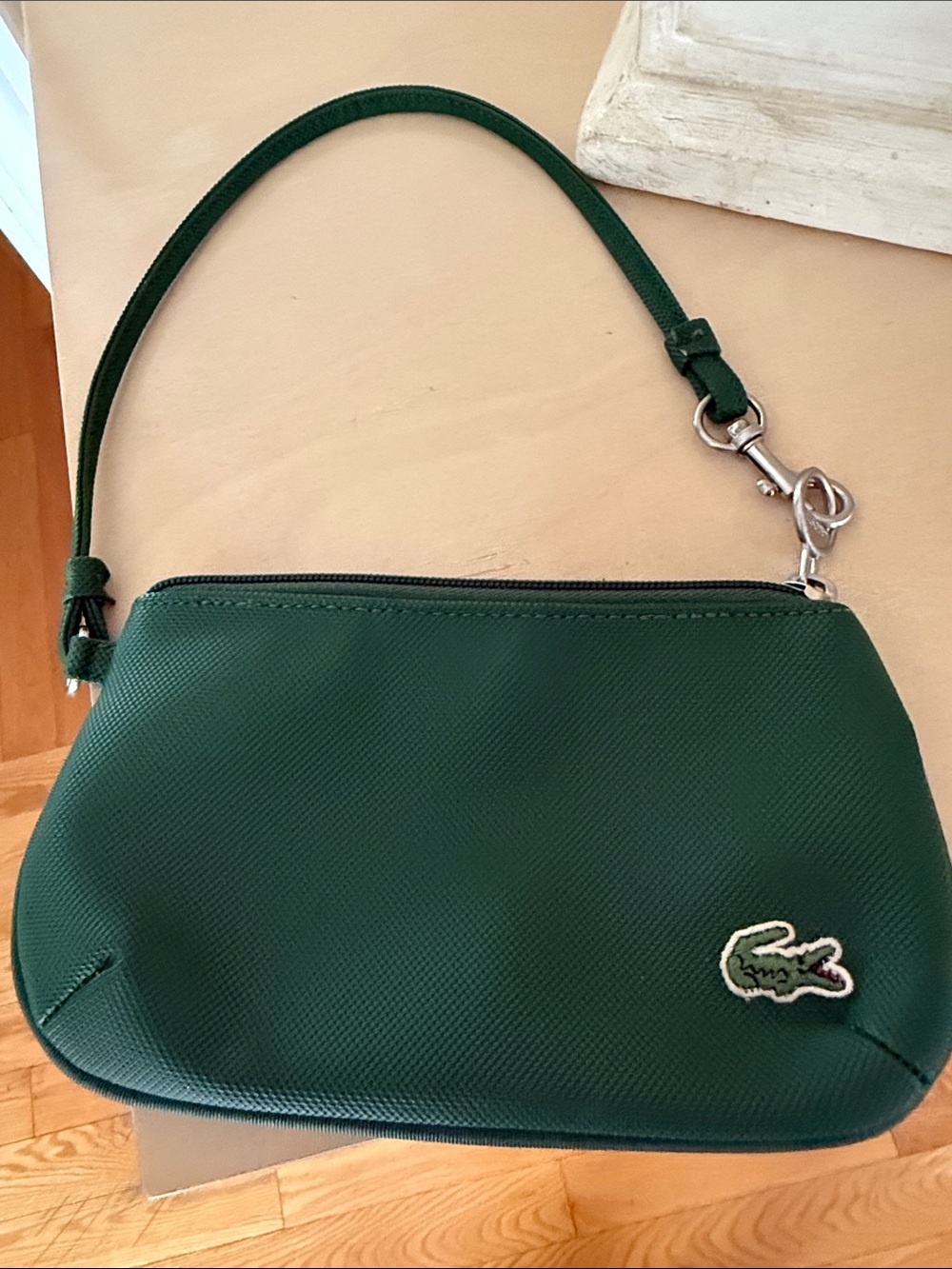 Lacoste Dark Green Faux Leather Textured Wristlet Clutch with Crocodile Logo